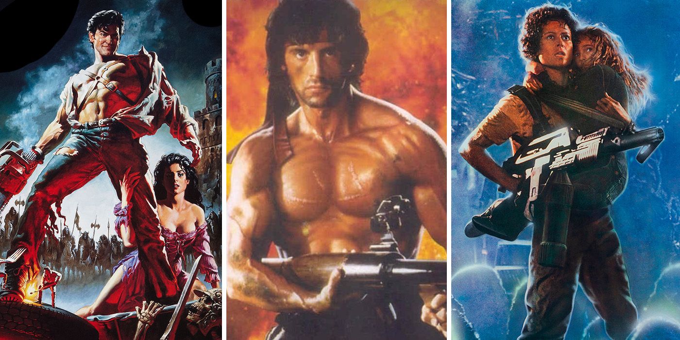 split image: Army of Darkness, Rambo 2 and Aliens movie posters