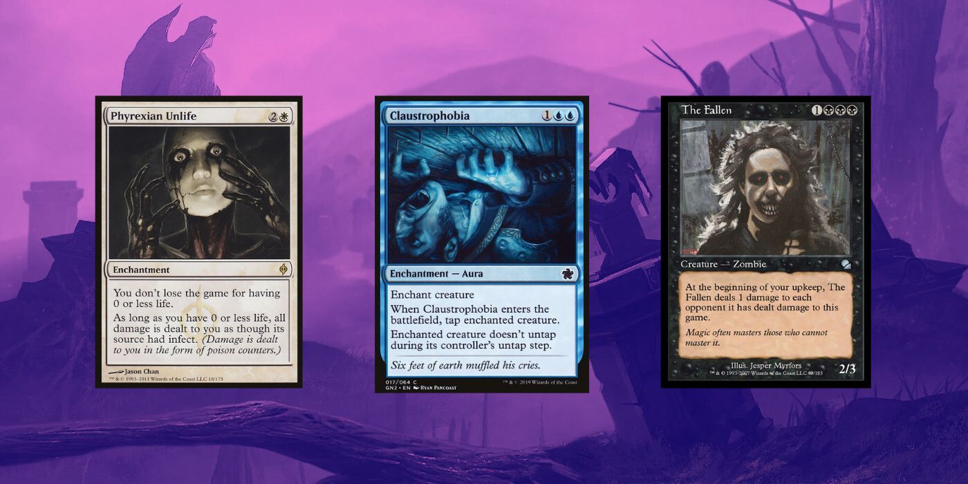 MTG cards with scary art with a cemetery from Innistrad as a backdrop