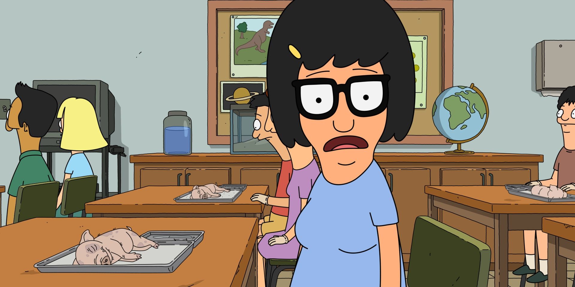 Tina Belcher at a desk dissecting a pig in Bob's Burgers 