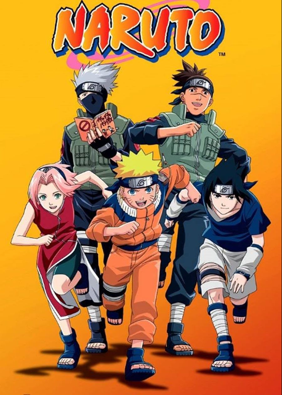 Sakura, Naruto, Sasuke, Kakashi Sensei and Iruka Sensei pose on the Naruto anime cover.