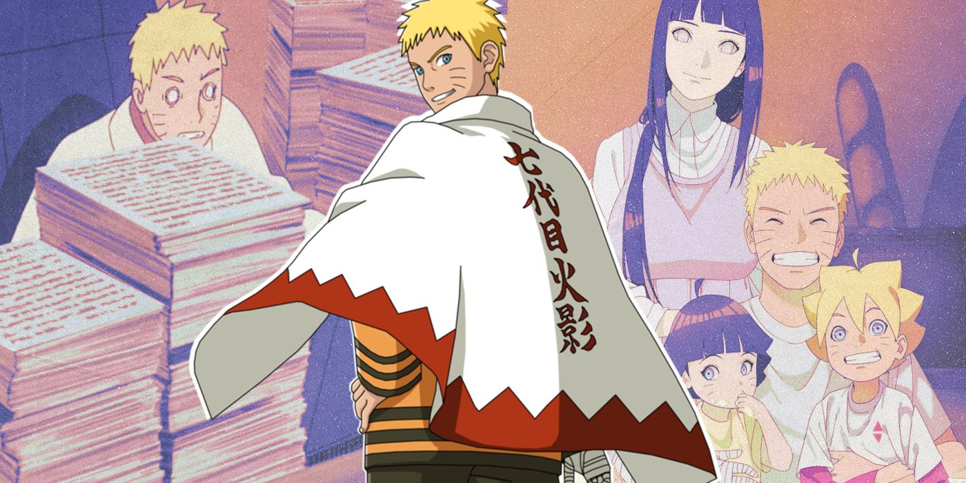 Naruto wearing hokage cape, Naruto doing paperwork, and Naruto and his family