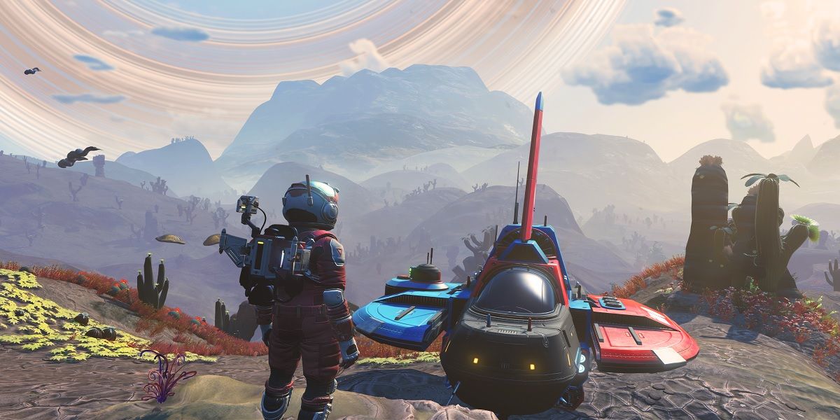 A player and their ship from No Man's Sky