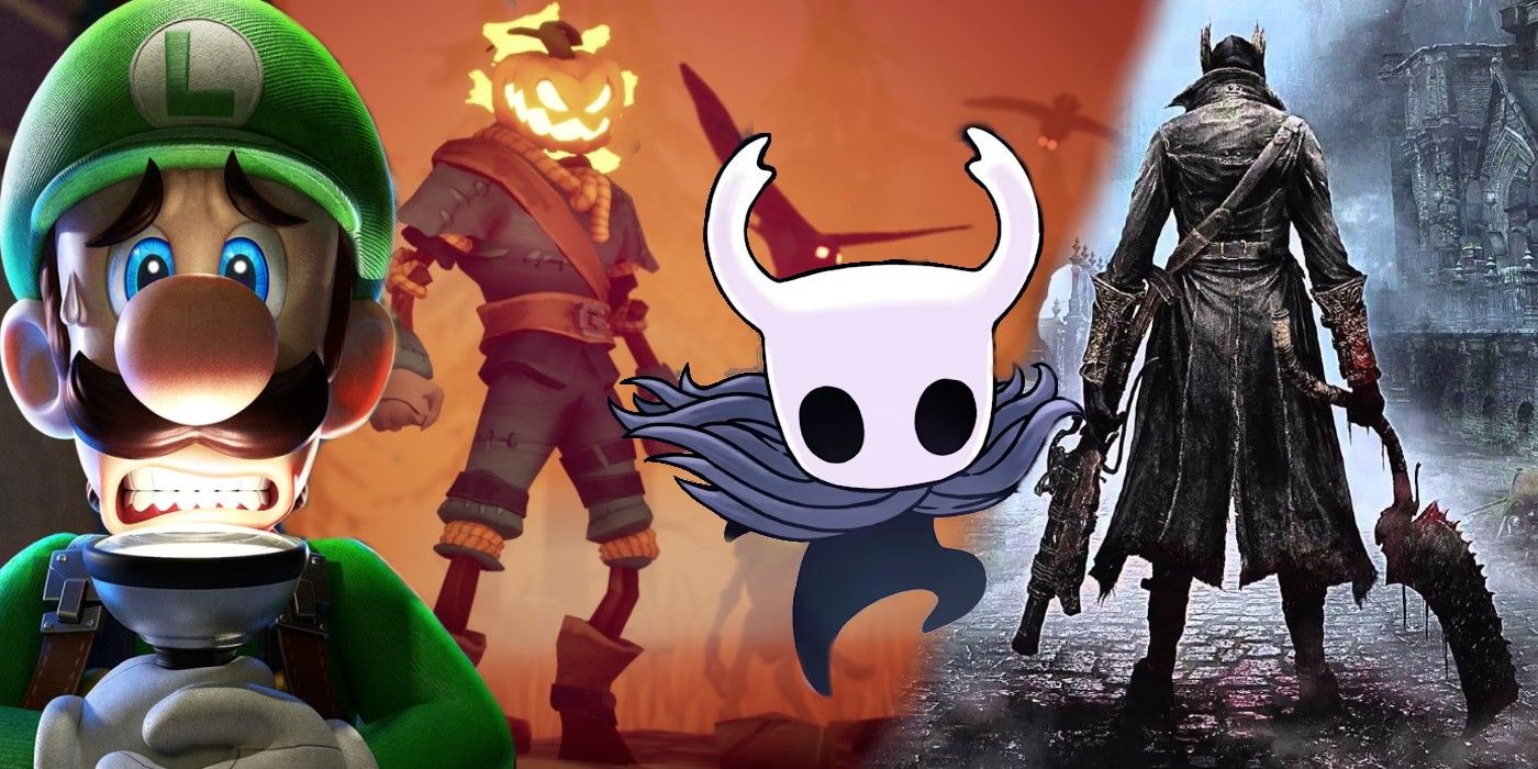 Non-horror spooky games feature image featuring Luigi's Mansion 3, Pumpkin Jack, Hollow Knight and Bloodborne