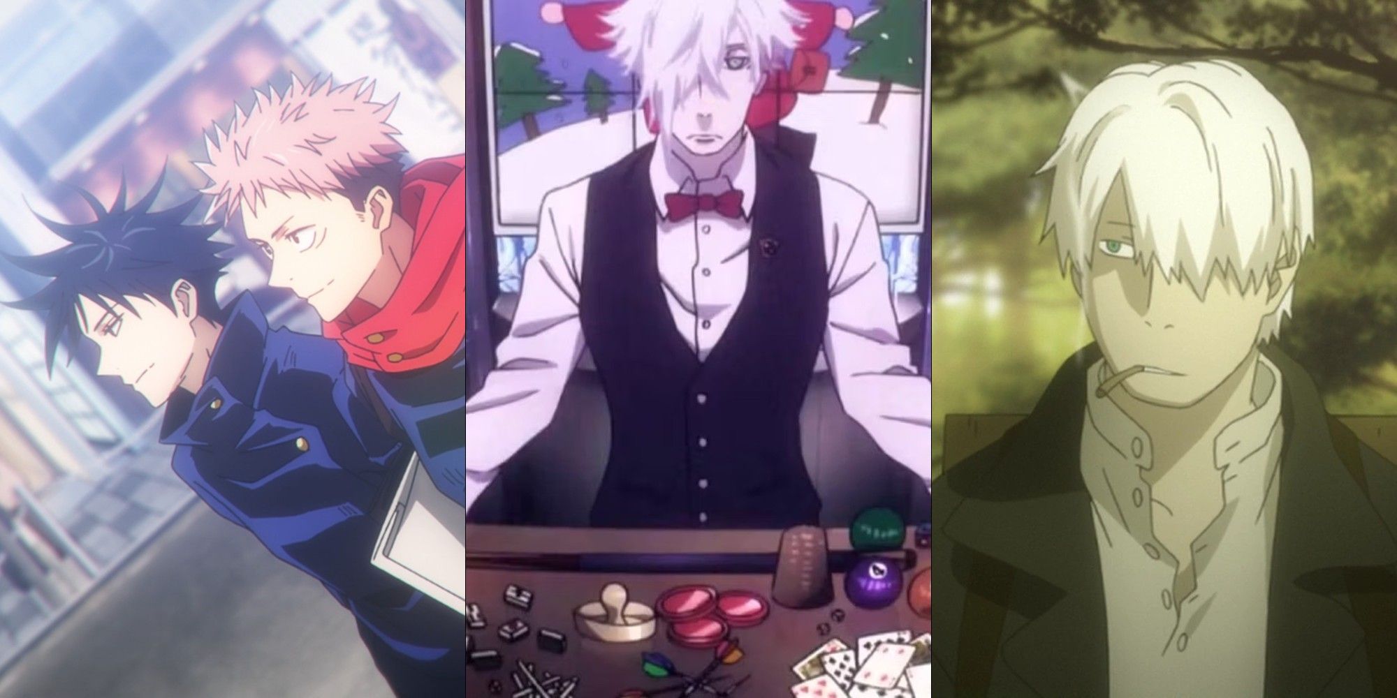 A split image featuring Jujutsu Kaisen, Death Parade, and Mushishi