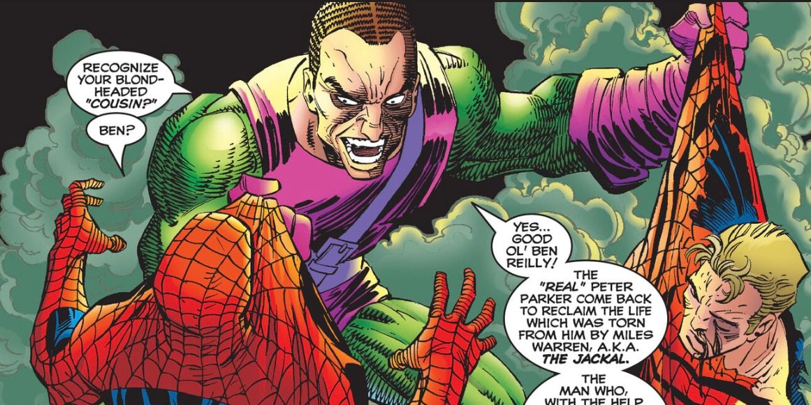 Norman Holds an unconscious Ben Reilly while taunting Spider-Man in Marvel Comics