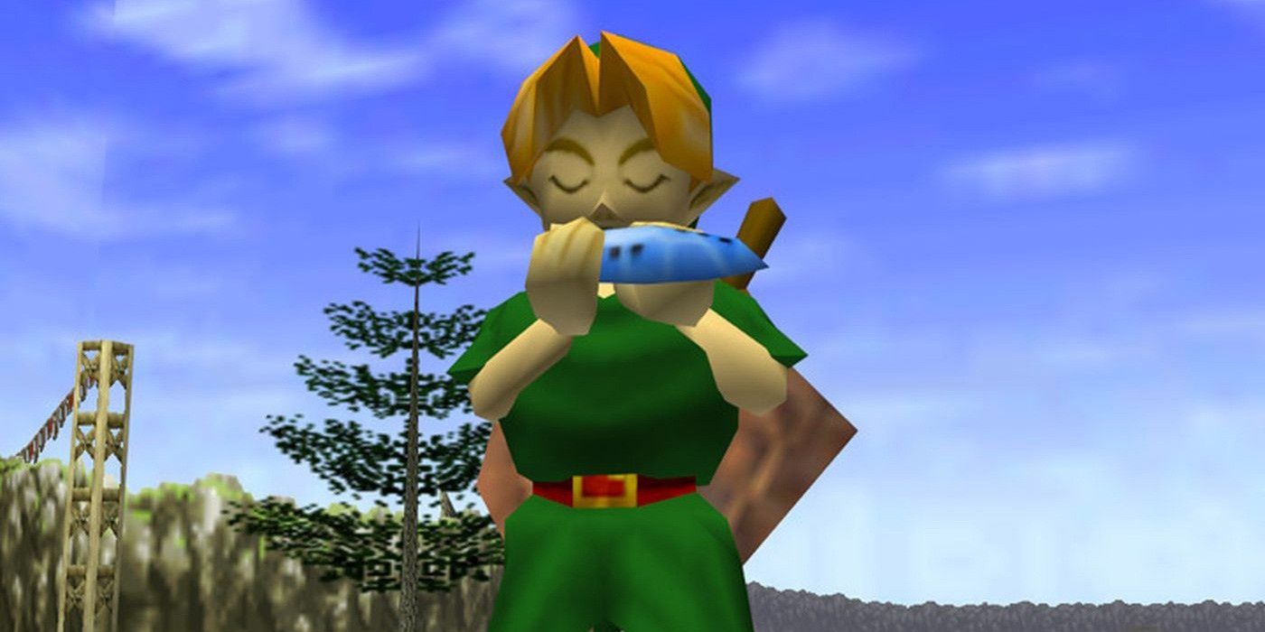 Link plays the Fairy Ocarina in Legend of Zelda: Ocarina of Time.