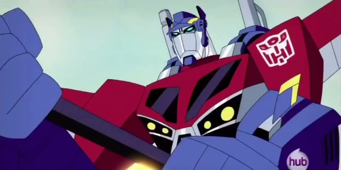 Optimus Prime with his jet pack and face plate activated in Transformers: Animated.