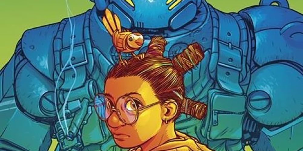 A young teenage girl stands in front of a large humanoid robot on the cover of Petrol Head #1