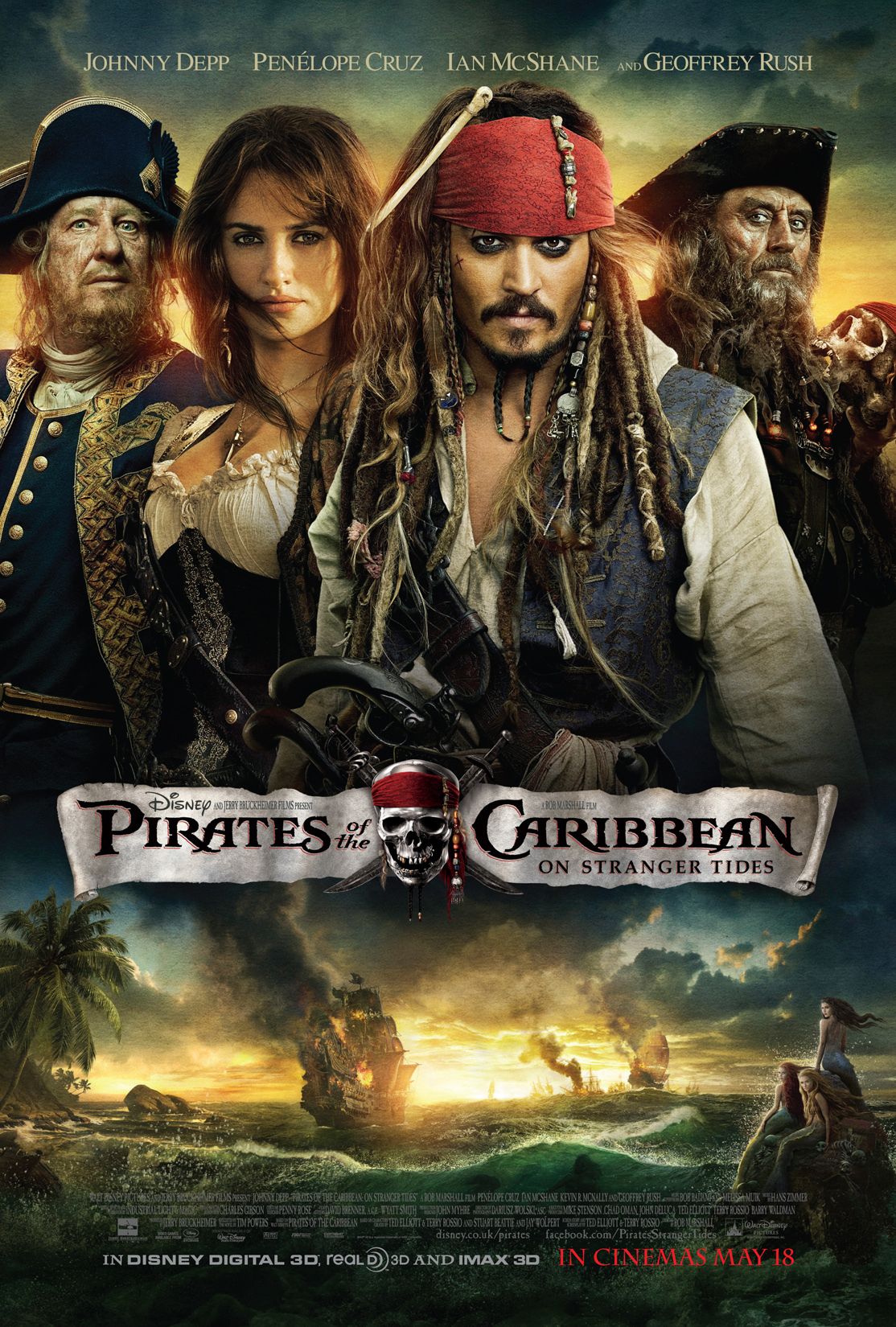 Johnny Depp, Peneloppe Cruz, Ian McShane, and Geoffrey Rush in Pirates of the Caribbean 