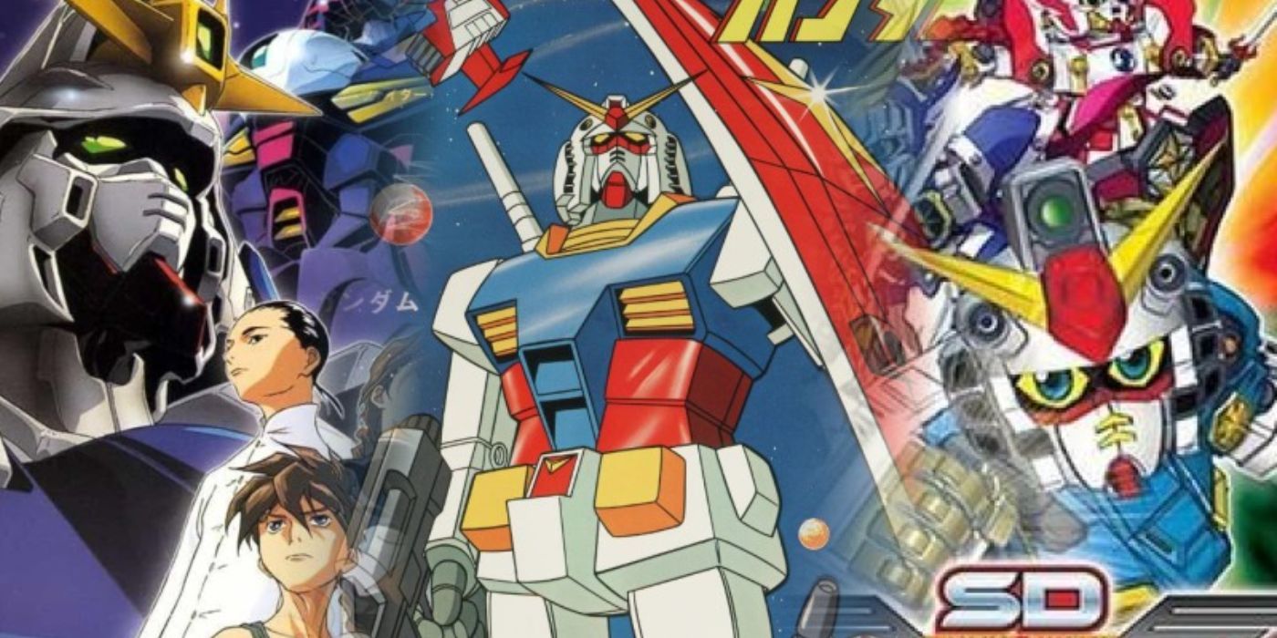 Images of the original Mobile Suit Gundam, Gundam Wing and SD Gundam Force.