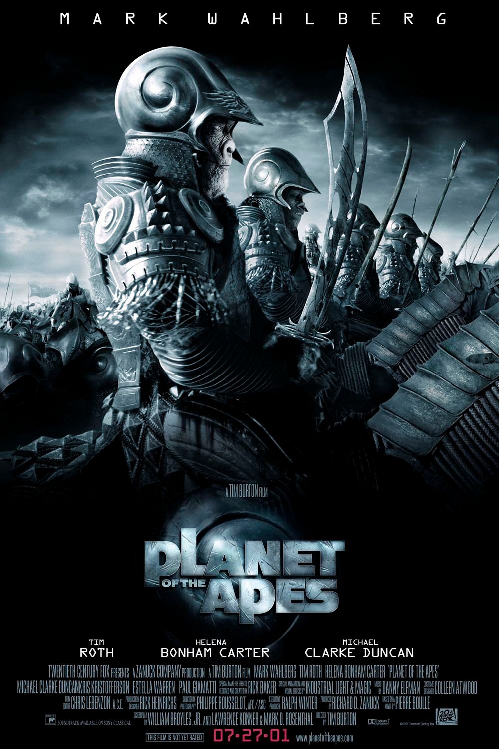An army of warrior apes with armor, swords, and riding horses on Tim Burton's Planet of the Apes poster