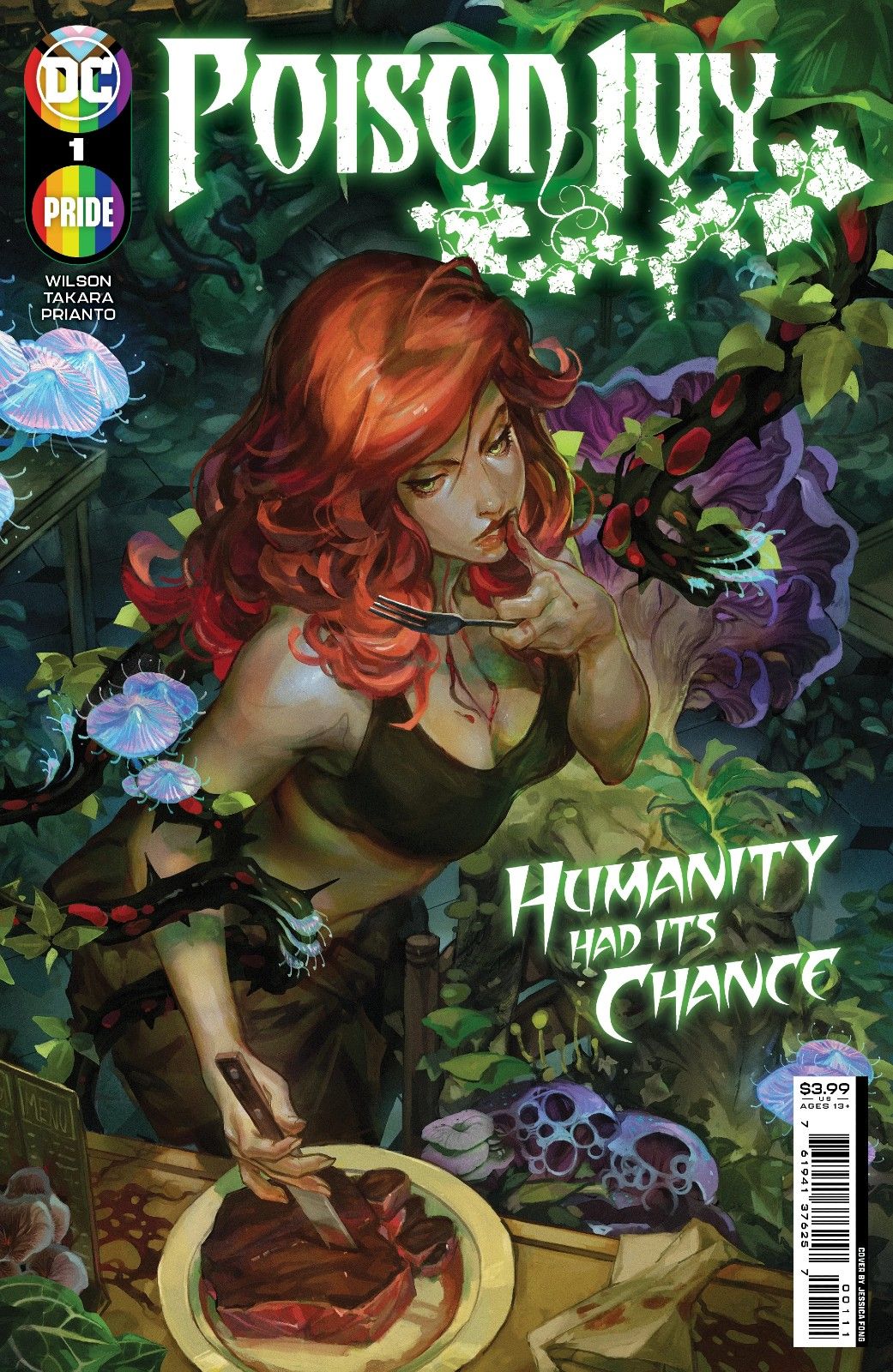 Poison Ivy lambe o dedo enquanto come na capa de Poison Ivy #1