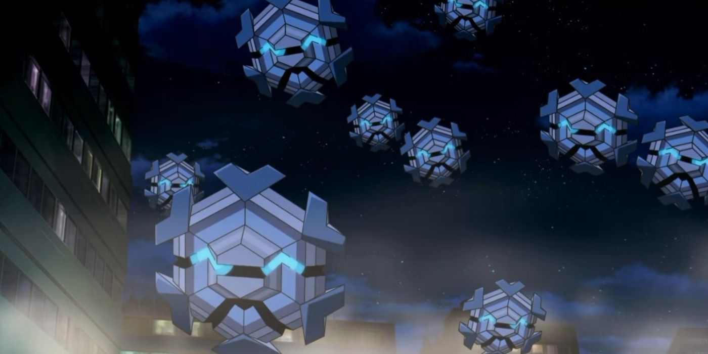 A group of Cryogonal floating in the night sky in the Pokémon anime.