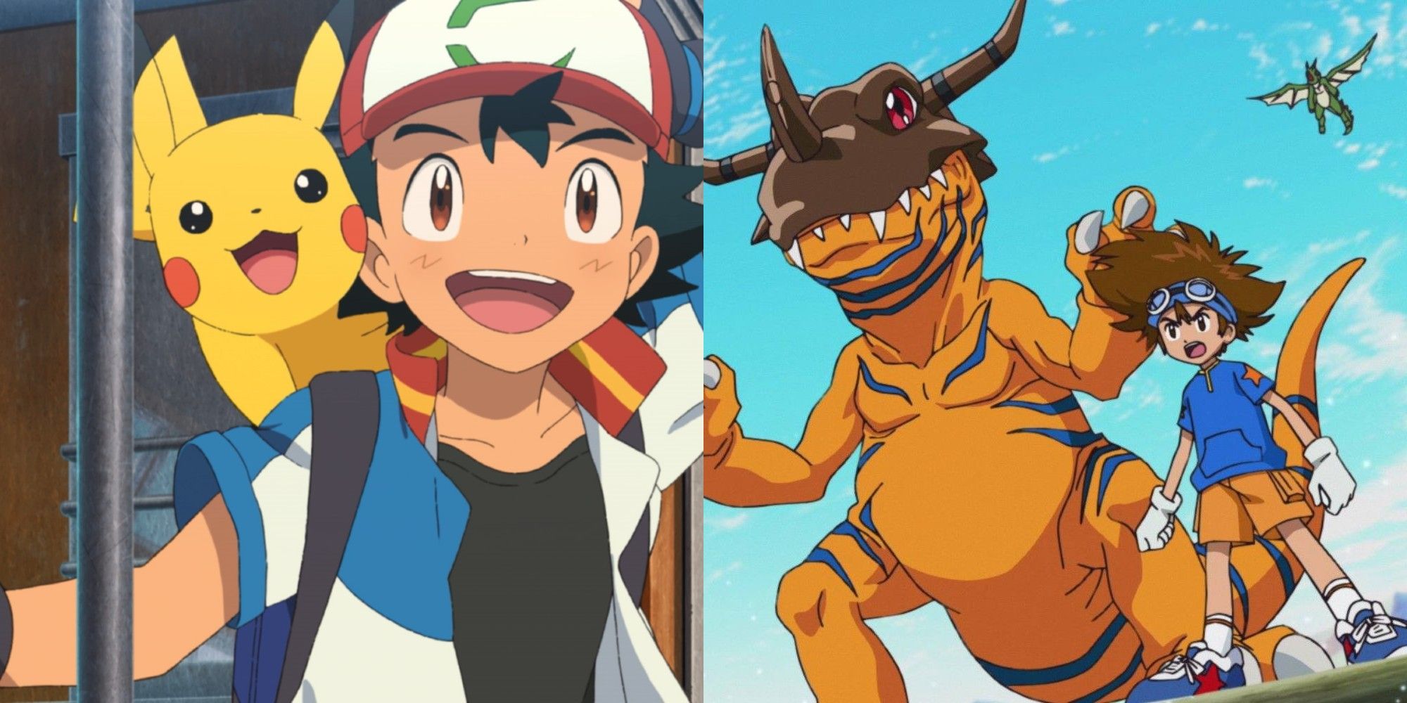 Uma imagem dividida dos protagonistas e mascotes de Pokemon e Digimon
