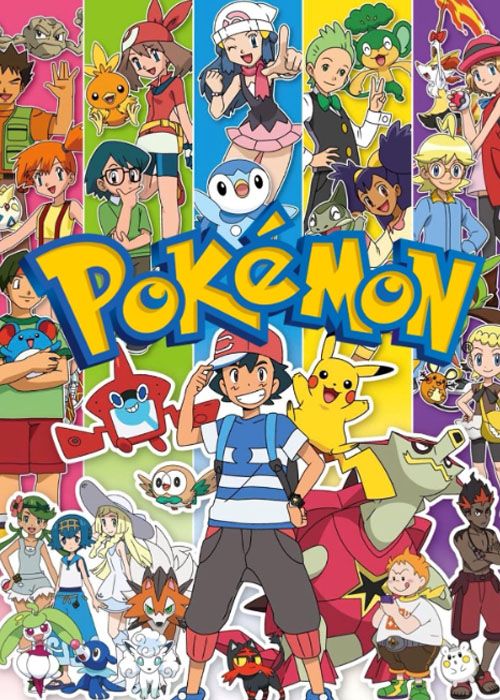 Dibujos animados originales de Pokémon con Ash y Pikachu al frente y al centro.