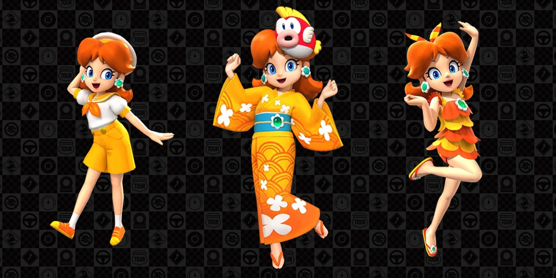 An image compositing Princess Daisy from Mario in various outfits