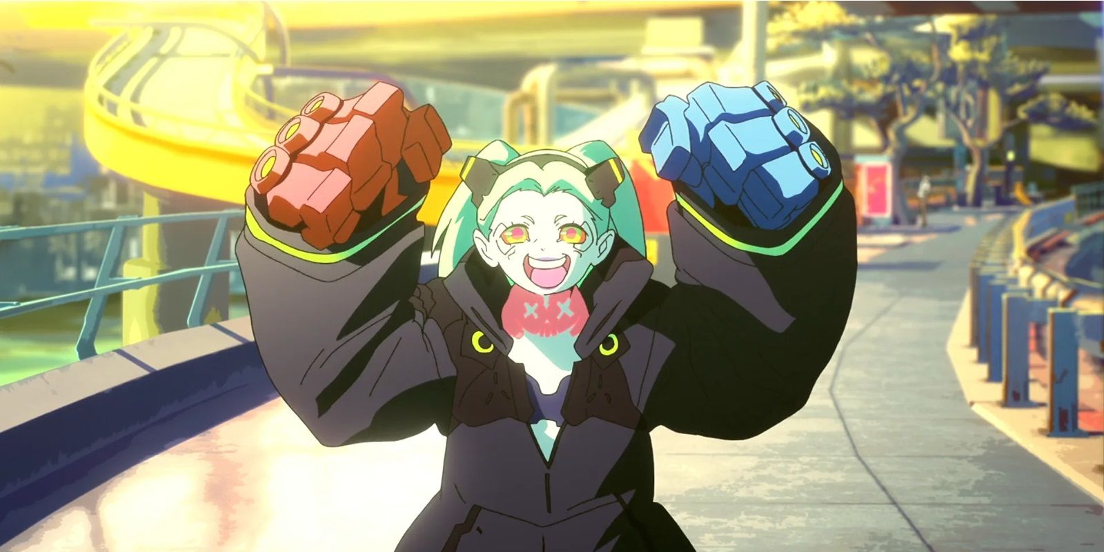 Rebecca pumping her fists in Cyberpunk Edgerunners anime
