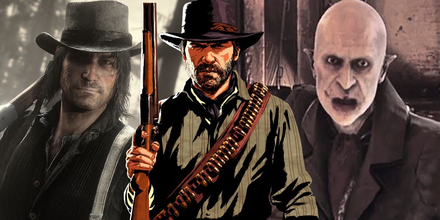 John Marston, Arthur Morgan, and the vampire from the Red Dead Redemption games