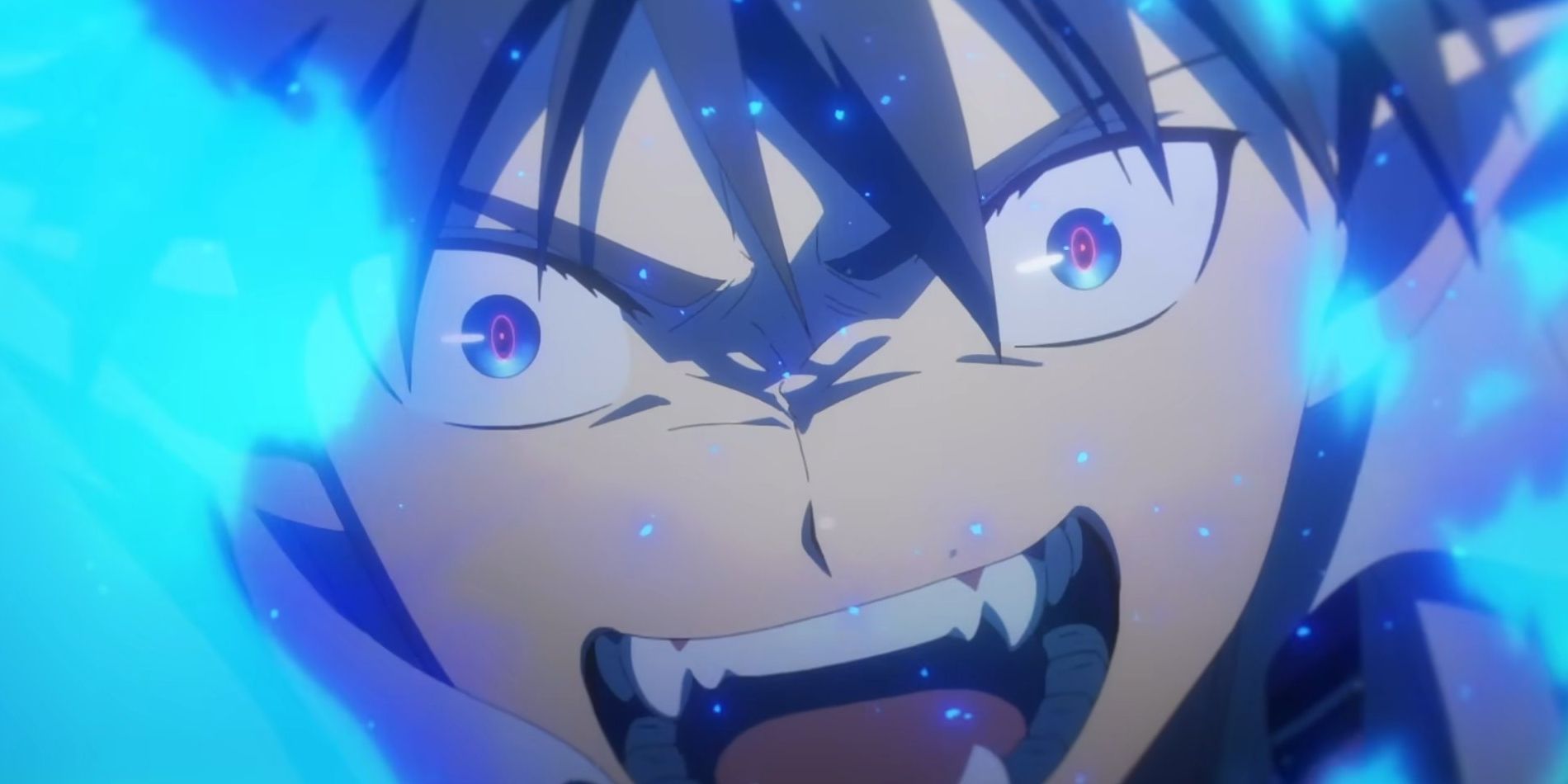 A close-up of Rin Okumura from the new season of Blue Exorcist showing his fangs