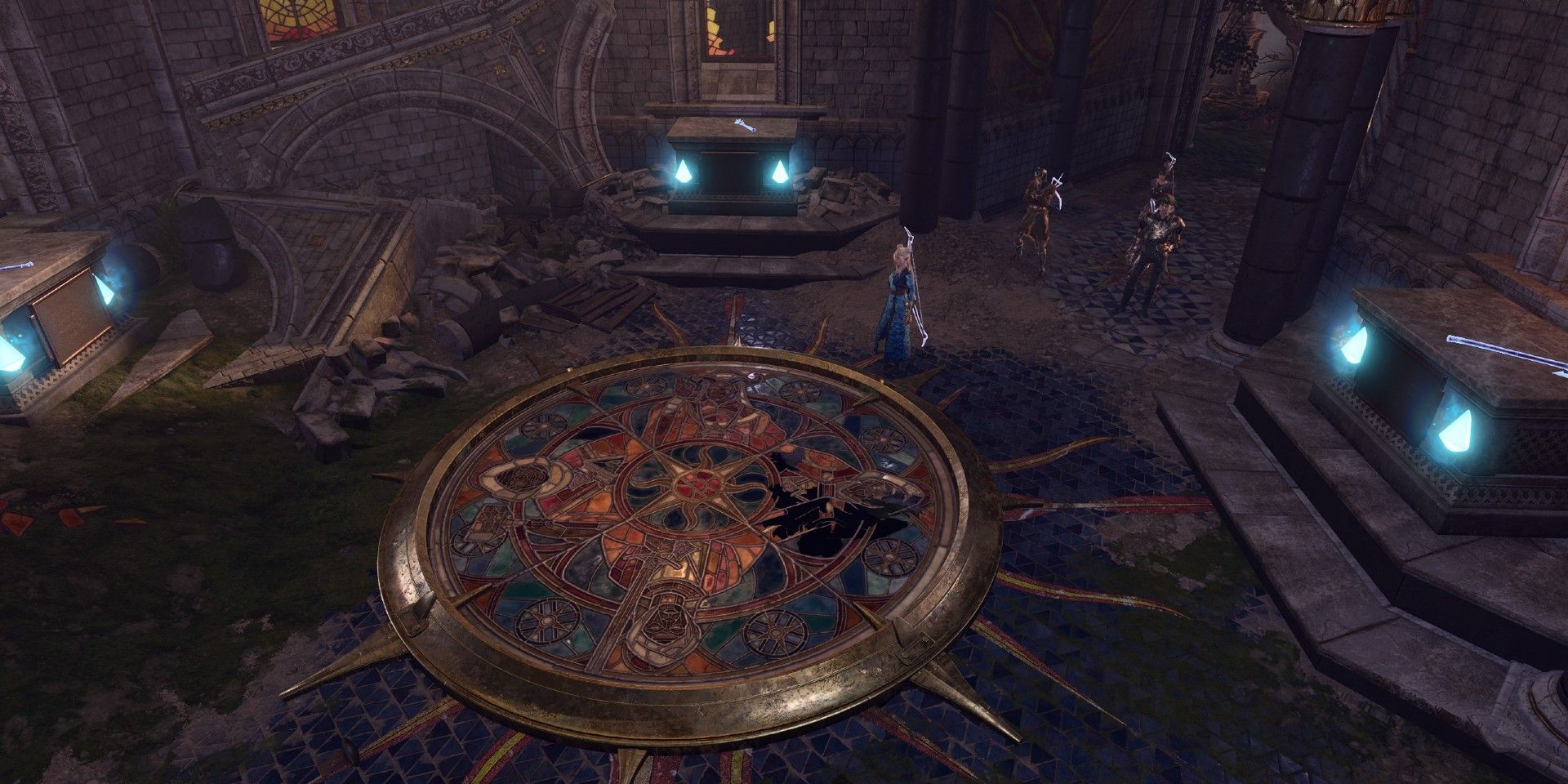 O grupo resolvendo um quebra-cabeça no Monastério Rosymorn em Baldur's Gate 3