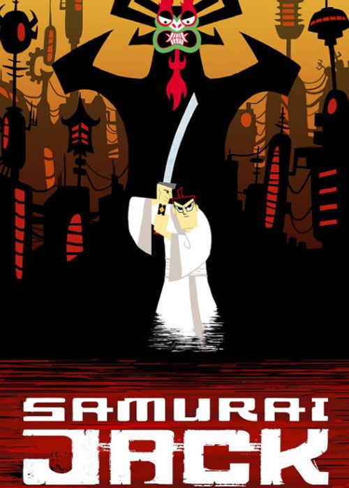 Samurai Jack in front of a monster holding a blade