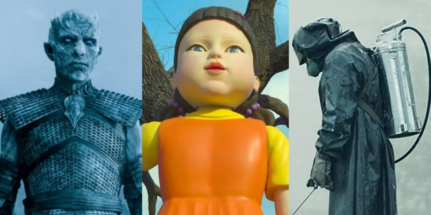 A split image of Game of Thrones' Night King, Squid Game's Red Light/Green Light doll, and a Chernobyl liquidator