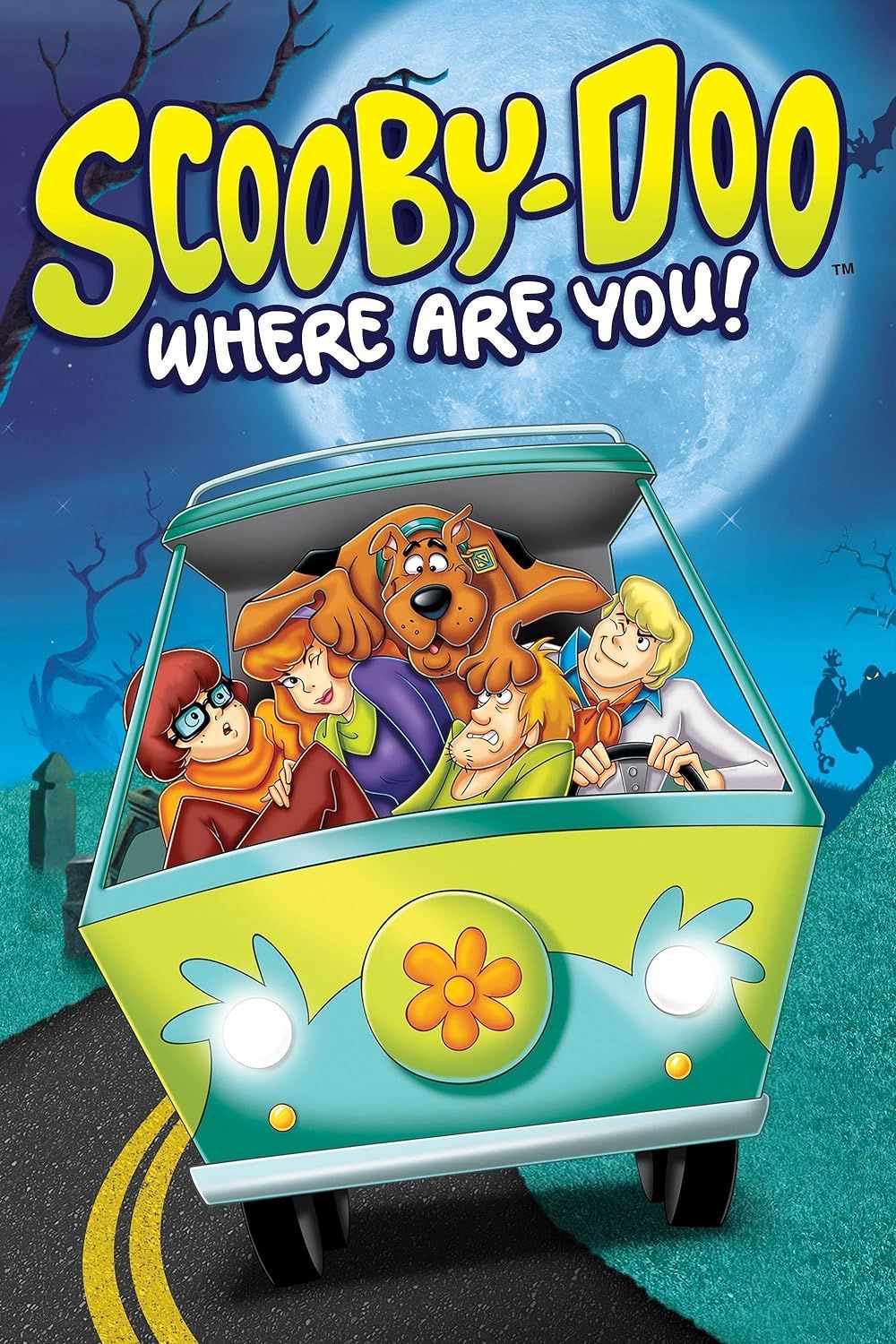 The Scooby-Doo Where are you? The poster shows Fred, Shaggy, Scooby-Doo, Velma and Daphne huddled together in front of the Mystery Machine.