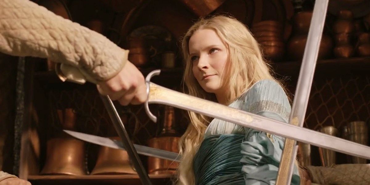 Galadriel (Morfydd Clark) is about to fight with a sword in The Rings of Power