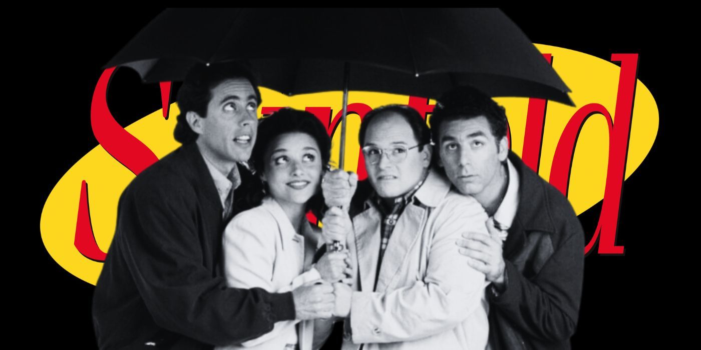 The Seinfeld cast stands under an umbrella in black and white.