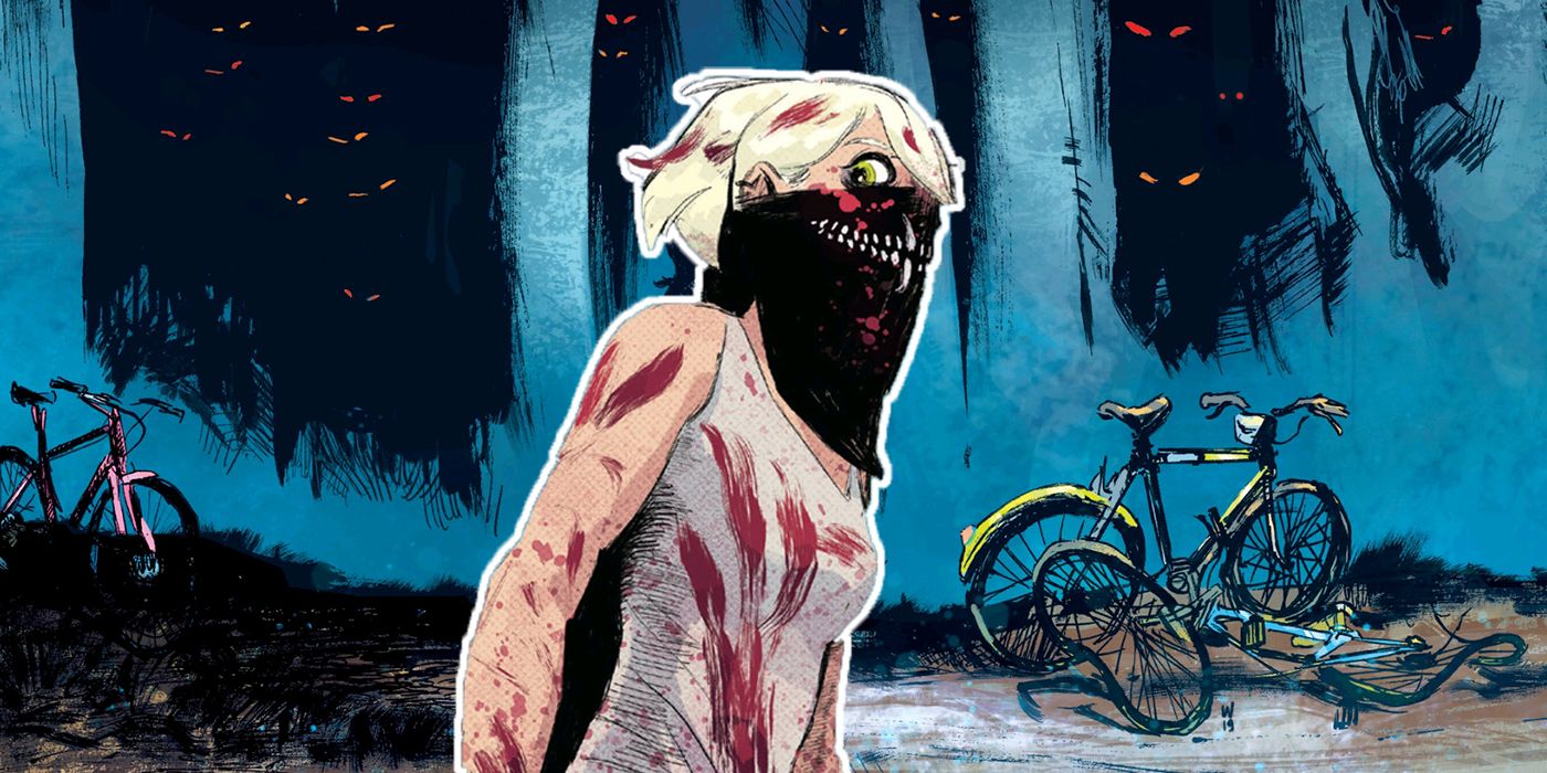 Erica Slaughter stands in front of abandoned bikes and a forest full of ominous glowing eyes in Something is Killing the Children #1