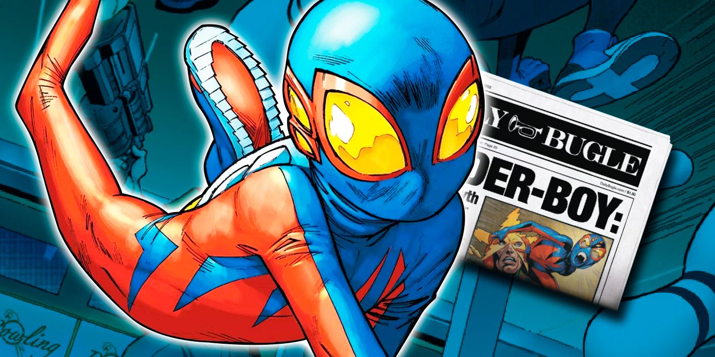 Spider-Boy swinging over an image of a Daily Bugle newspaper