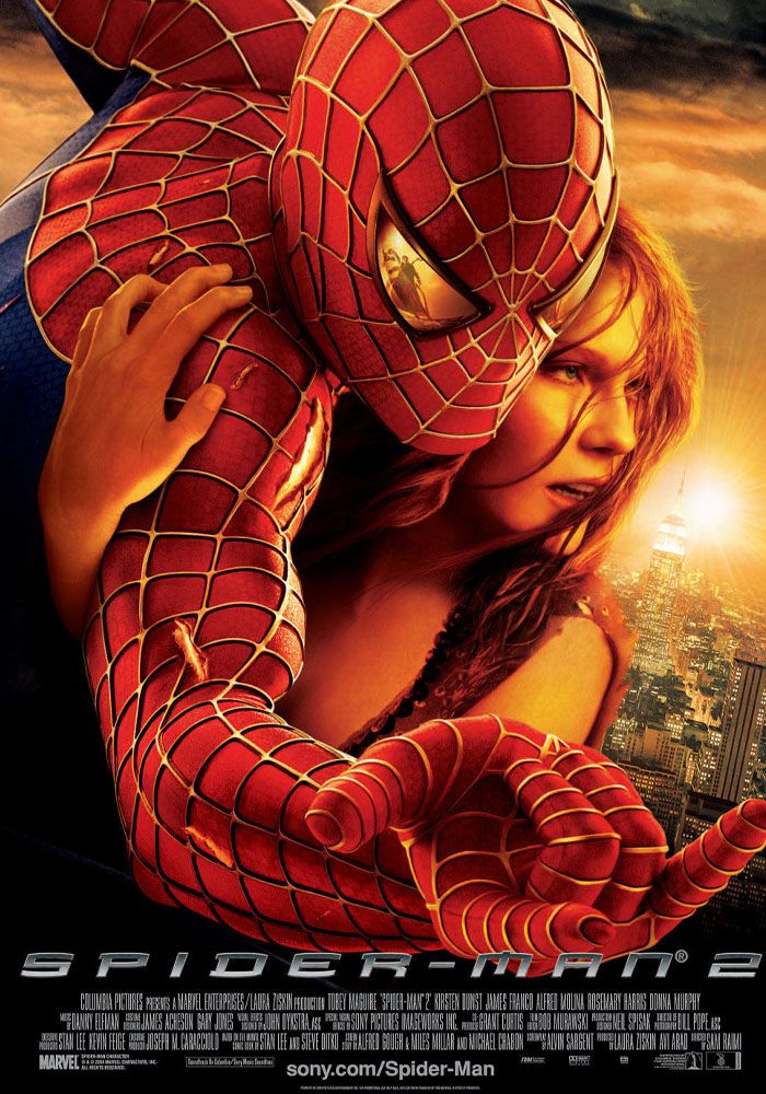 Tobey Maguire and Kirsten Dunst on the Spider-Man 2 movie poster