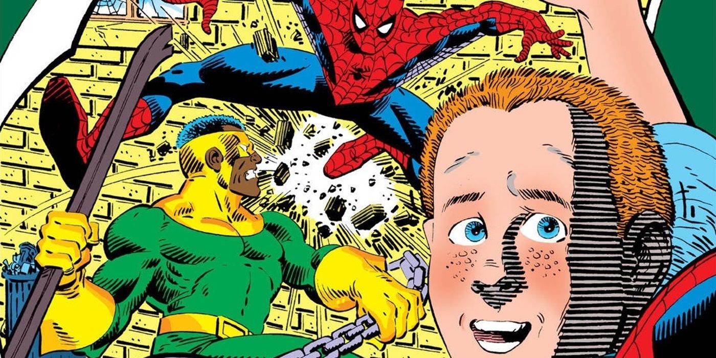 The kid who collects Spider-Man looks at a poster of Spider-Man fighting Thunderball