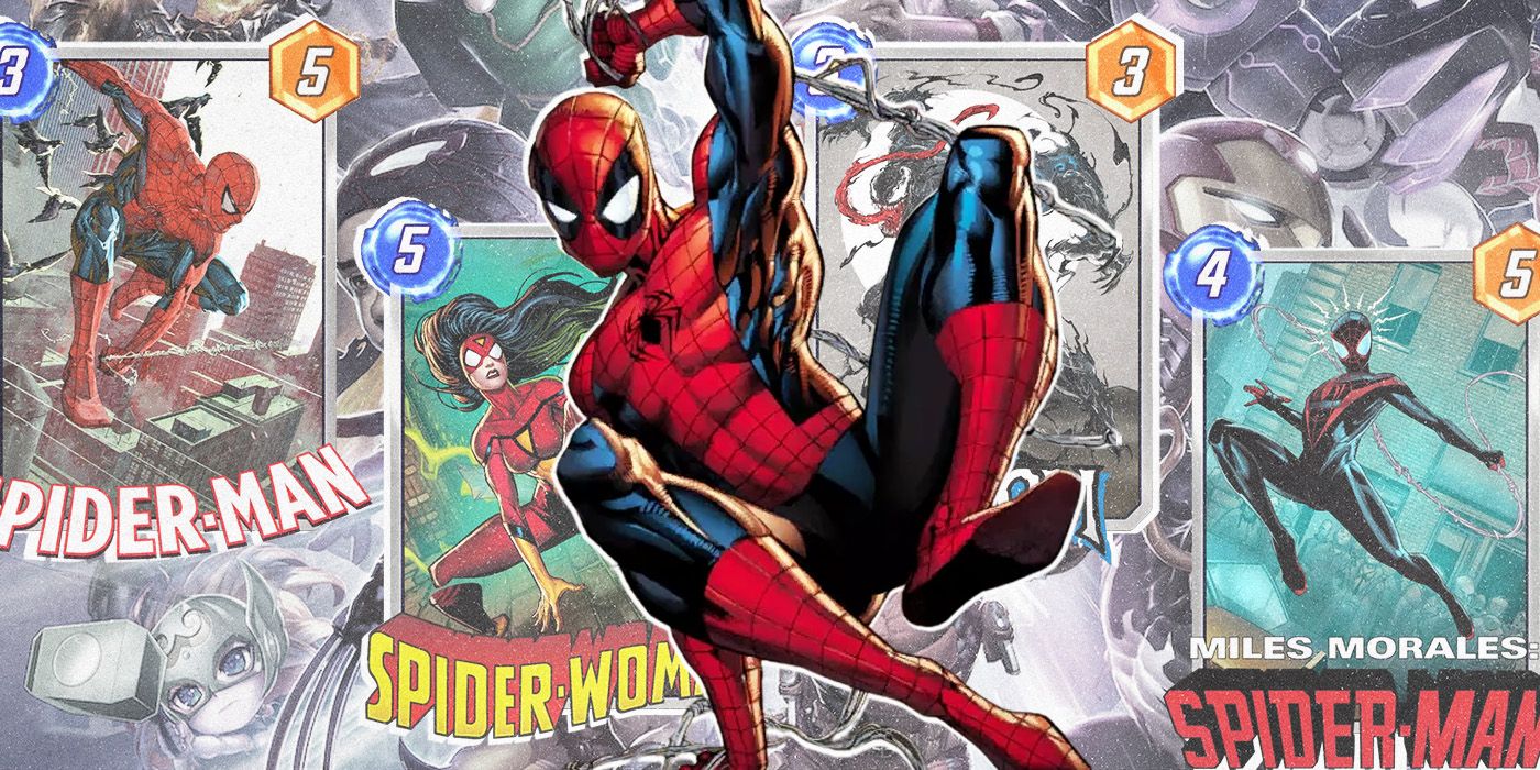 A collage of Spider-Man, Spider-Woman, and Miles Morales cards in Marvel Snap