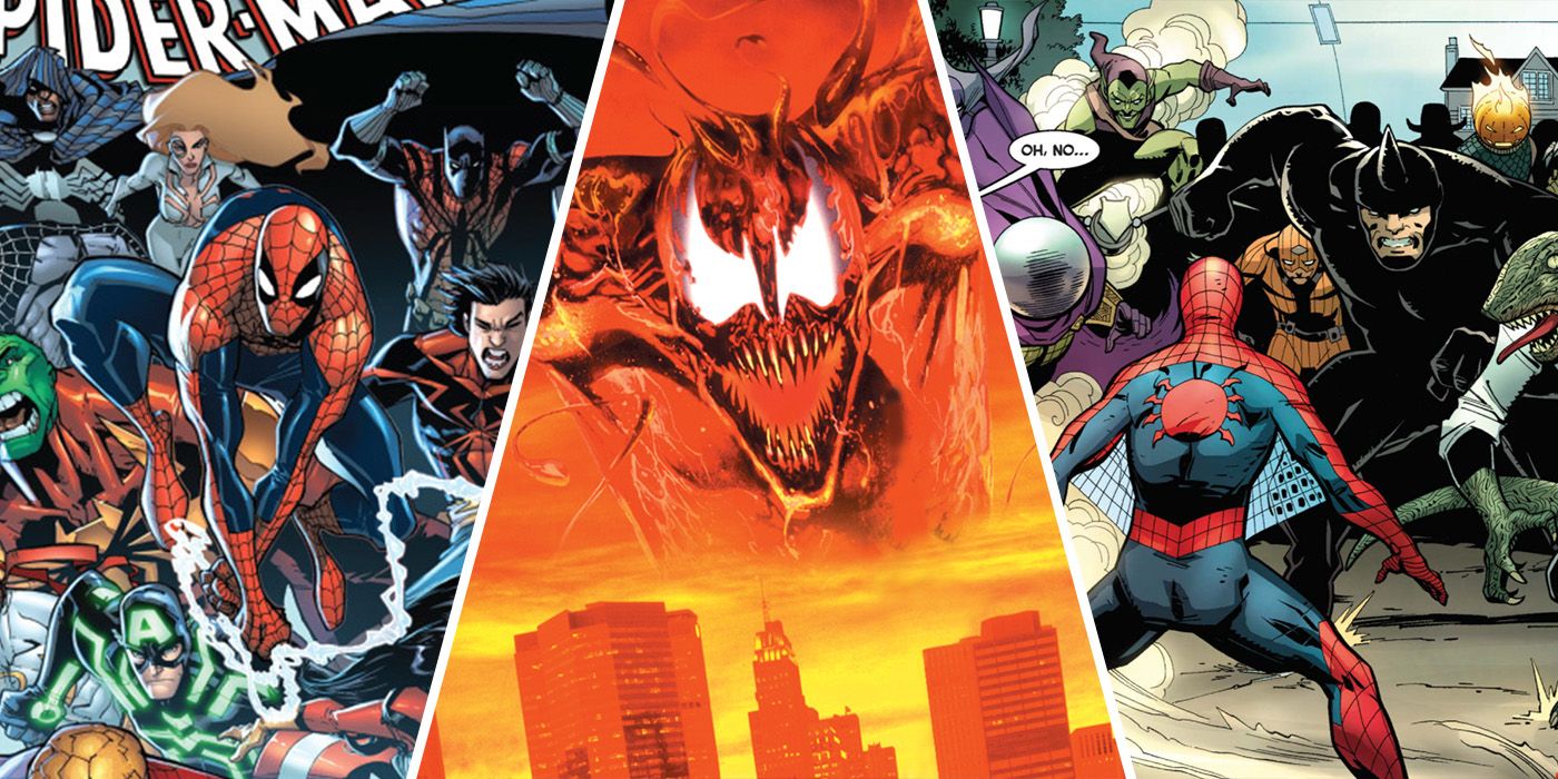 split image: Spider-Island, Carnage over New York and Spider-Man vs Sinister Six clones