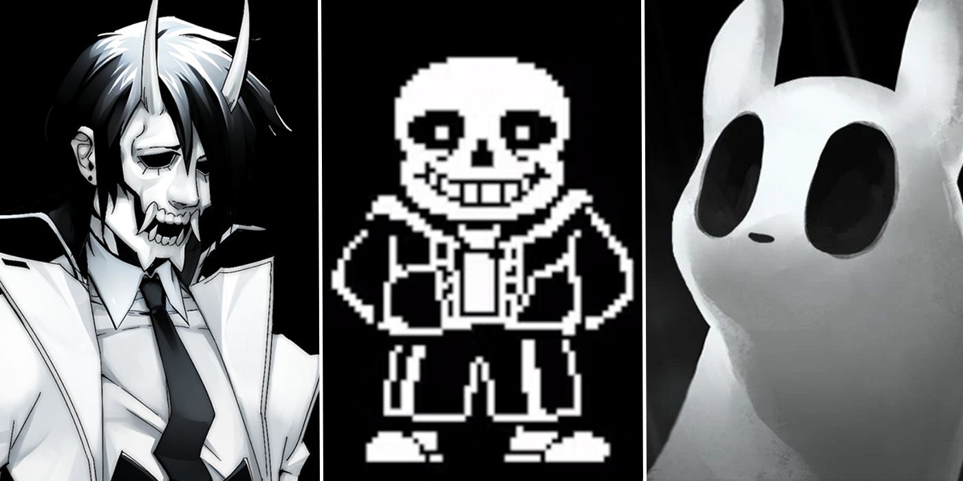 Split Image of Neon White from Neon White, Sans from Undertale, and Slugcat from Rain World