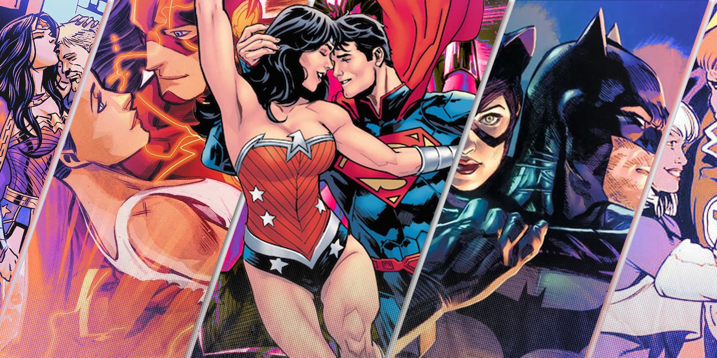 A split image of DC Comics couples, including Flash and Iris West, Superman and Wonder Woman, and Batman and Catwoman