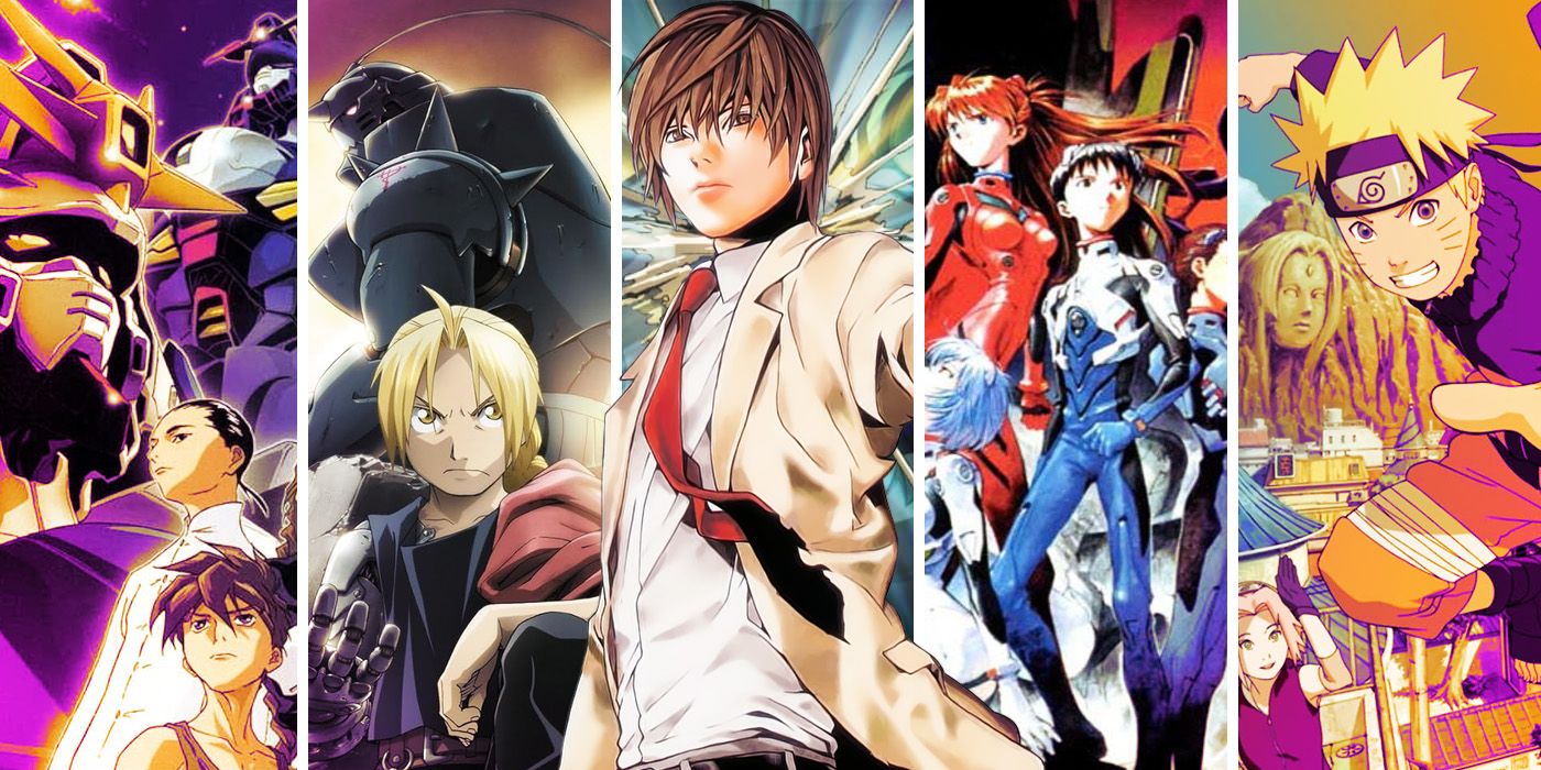 split images of Gundam Wing, Fullmetal Alchemist, Death Note, Neon Genesis Evangelion,and Naruto