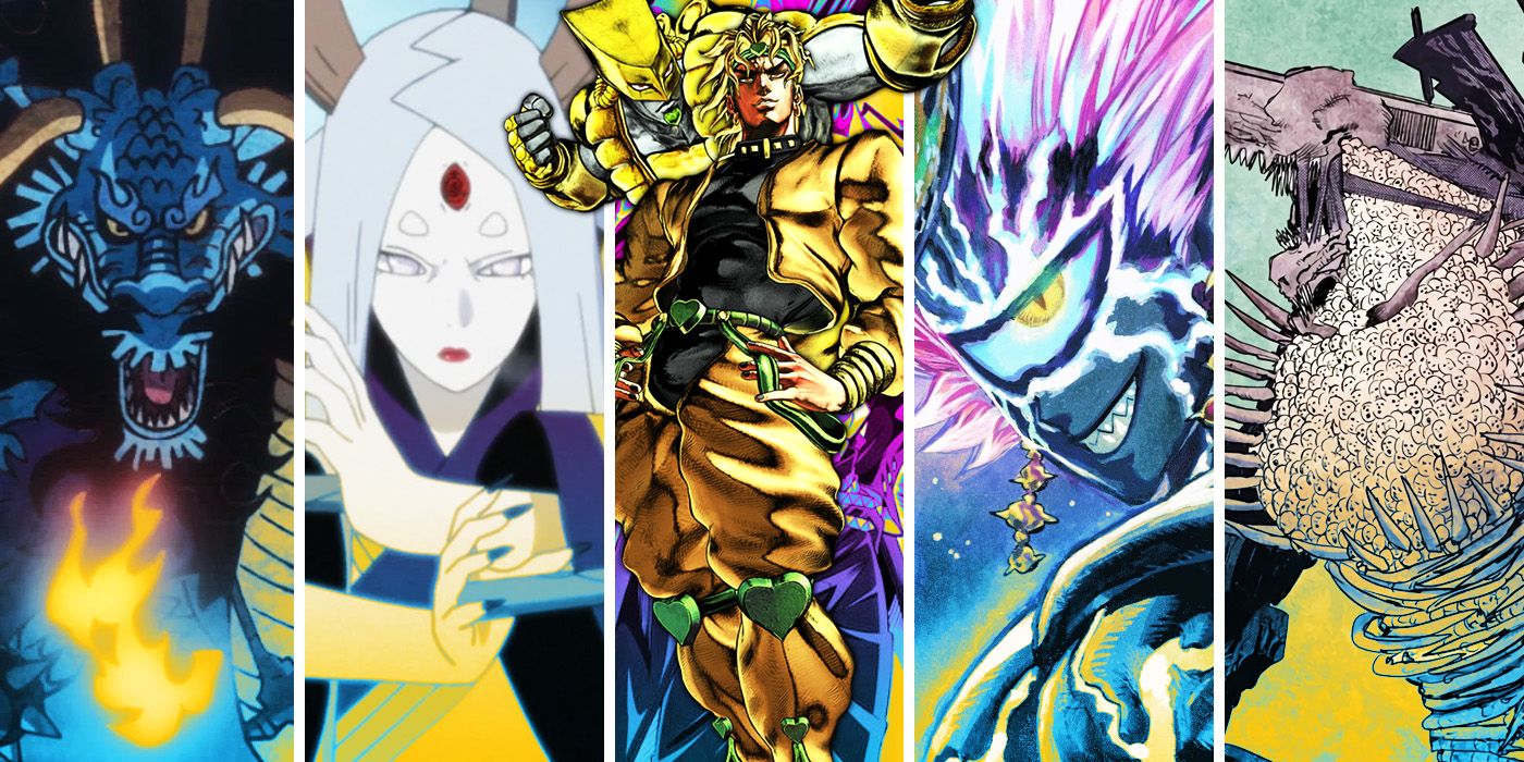 Split Images of One Piece, Naruto, Jojo's Bizzare Adventure, One Punch Man and Chainsawman