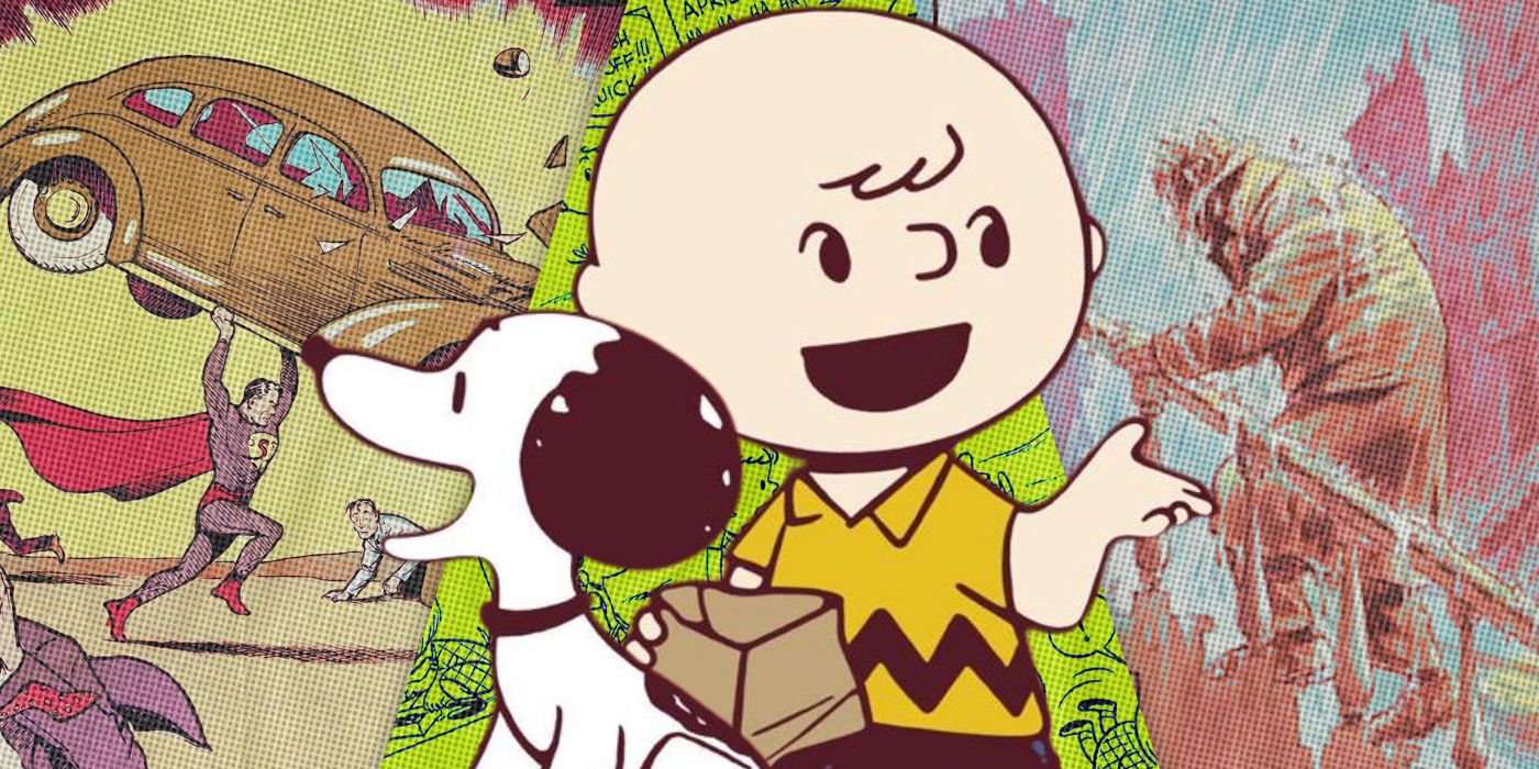 Split Images of Superman in Action Comics #1, Charlie Brown and Snoopy from the Peanuts, and a Contract With God