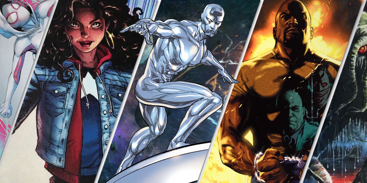 Split Images of Spider Gwen, America Chavez, Silver Surfer, Luke Cage, and Man Thing