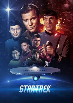 The original Star Trek casting gathered behind an image of the USS Enterprise on a Star Trek poster