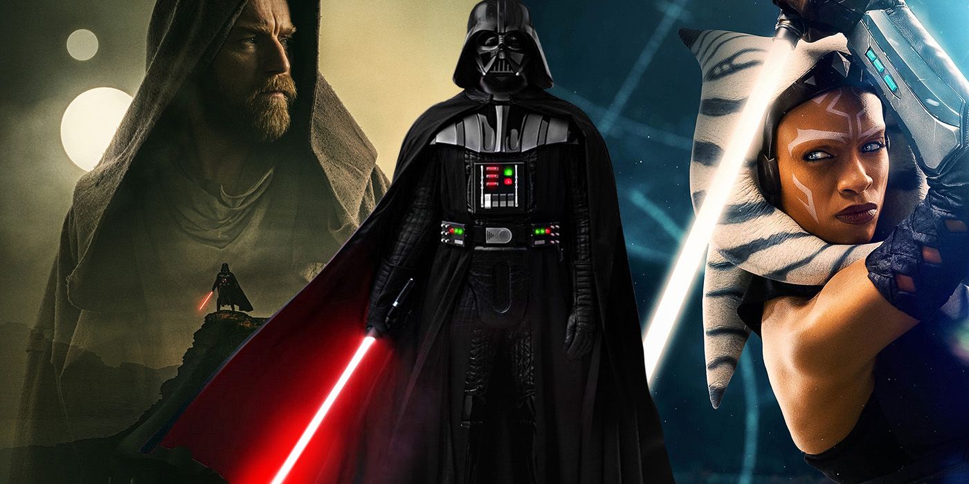 split image: Darth Vader. Obi-Wan Kenobi and Ahsoka show posters