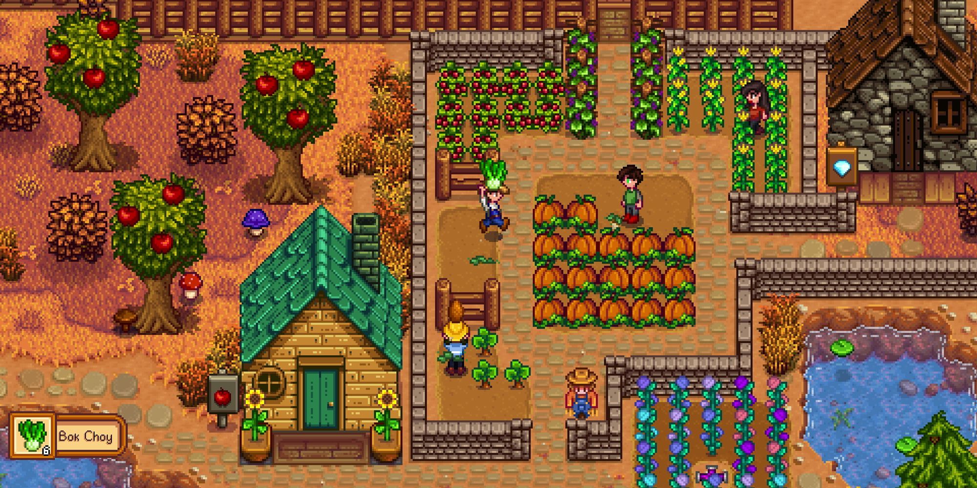 Stardew Valley multiplayer screenshot of player carrying Bok Choy