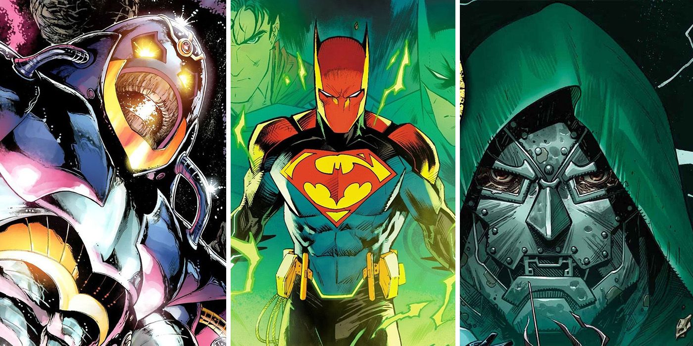 split image: Anti-Monitor, Doctor Doom and a Superman/Batman fusion SuperBat