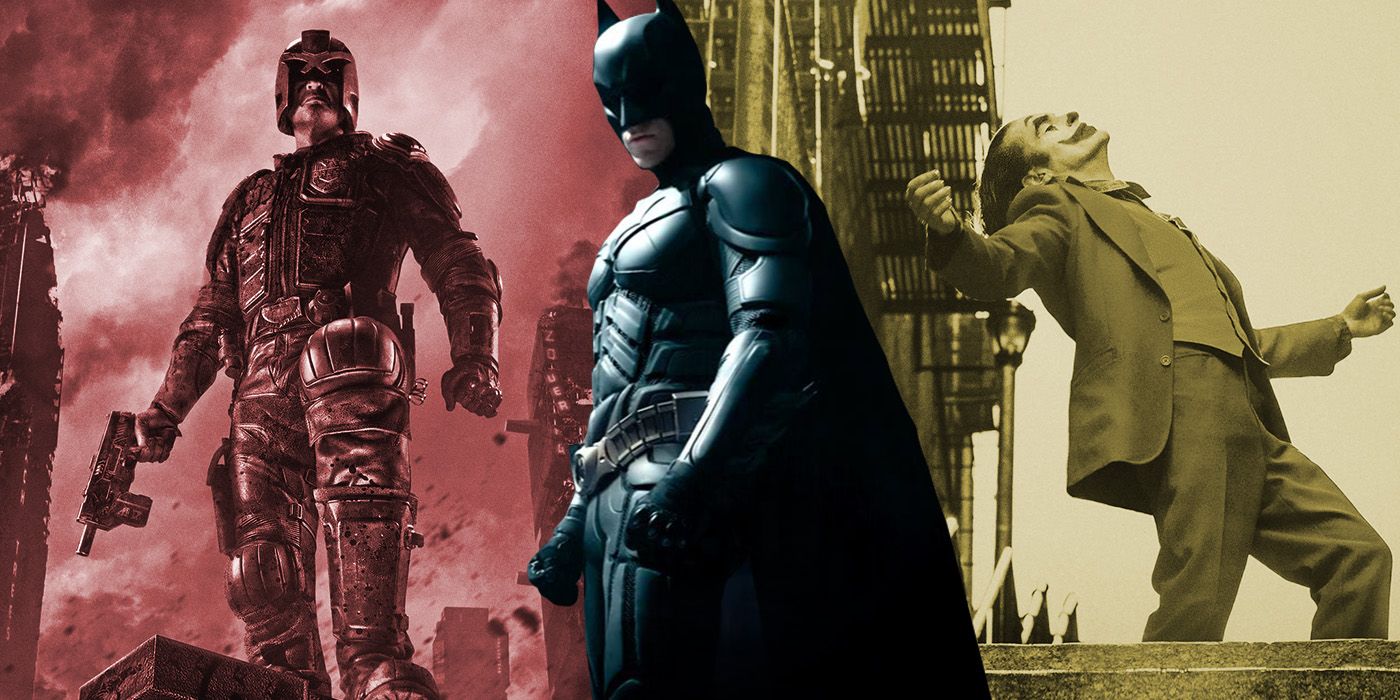 split image: Batman in The Dark Knight, Joker 2019 and Dredd 2012 posters