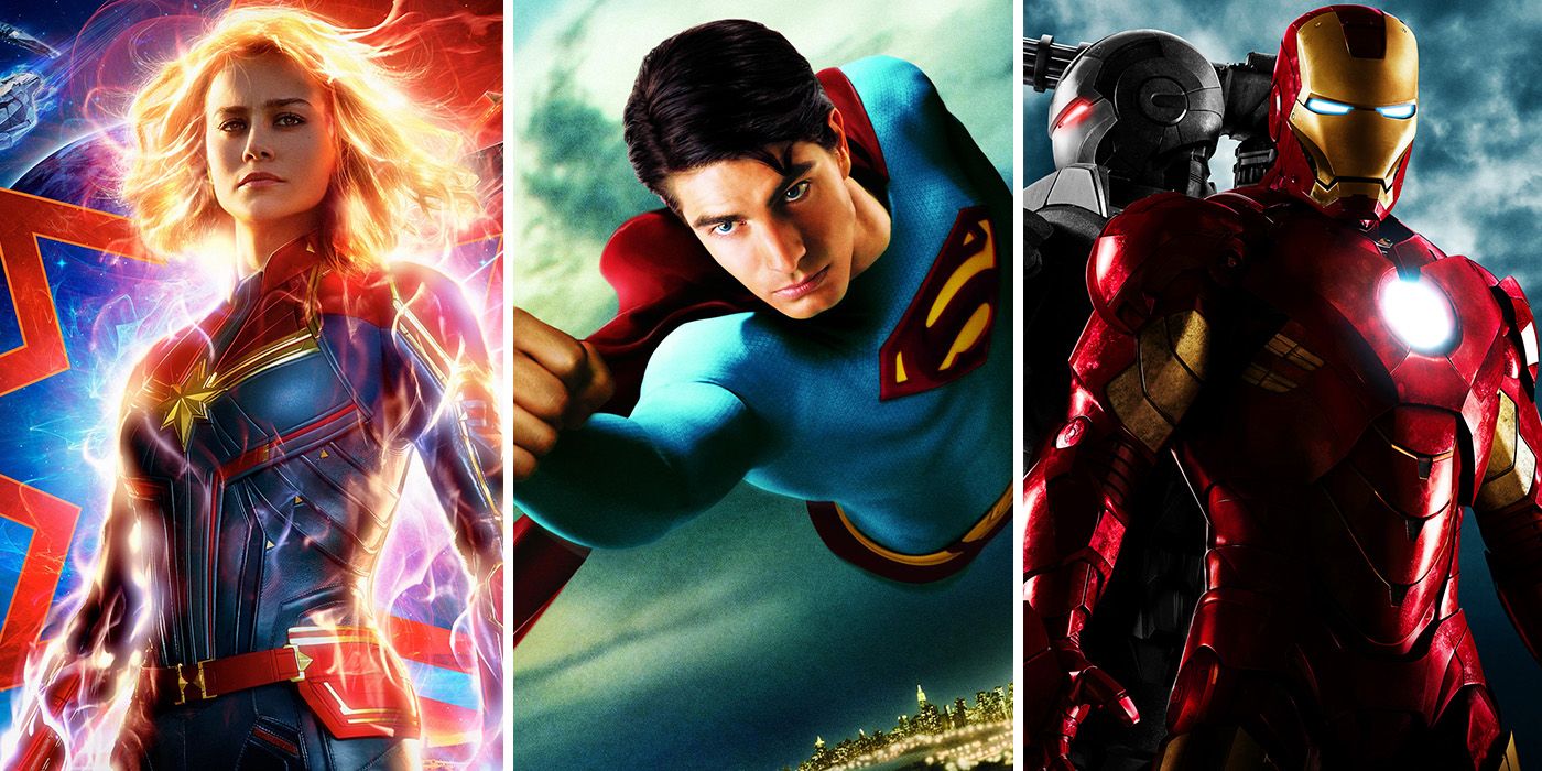 split image: Captain Marvel, Superman Returns and Iron Man 2 movie posters