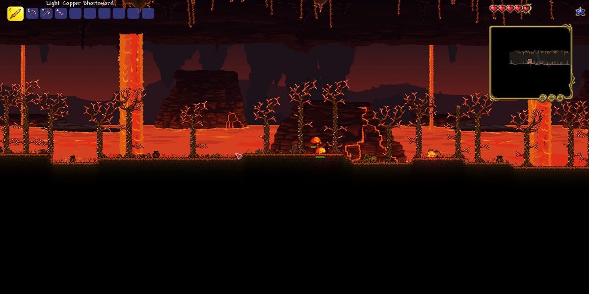 A semente Don't Dig Up de Terraria com o jogador no Inferno