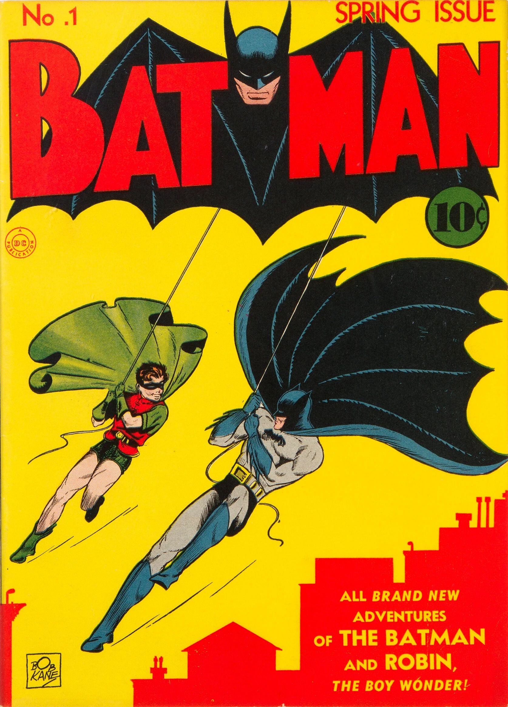 The cover of the first issue of Batman features Bruce Wayne as Batman and Dick Grayson as Robin swinging through Gotham City.