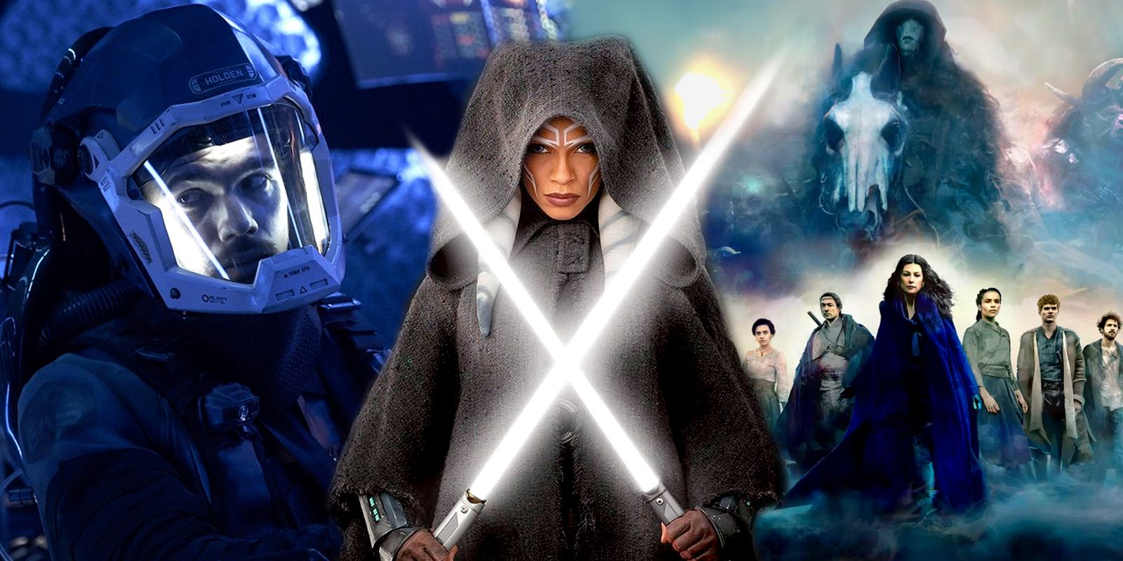 The Expanse Ahsoka and Wheel of Time Collage with Jim Holden Rosario Dawson and Rosamund Pike